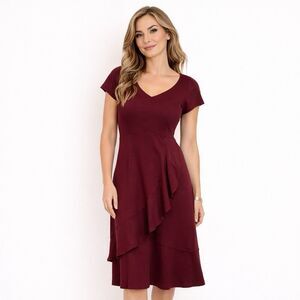 eShakti Burgundy Fit & Flare Dress Women's 2 V-Neck Knee Length Ruffle Detail